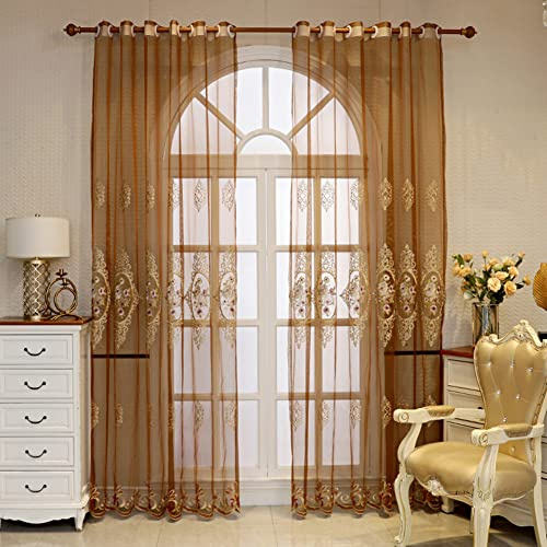 Lsimeru Retro Floral Gardine Transparent Ösen Braun Stickerei Rose Romantisch 2er Set Vorhäng Halbtransparent Gemustert Voile Ösenschal Fensterschal Schlafzimmer Wohnzimmer,140x225