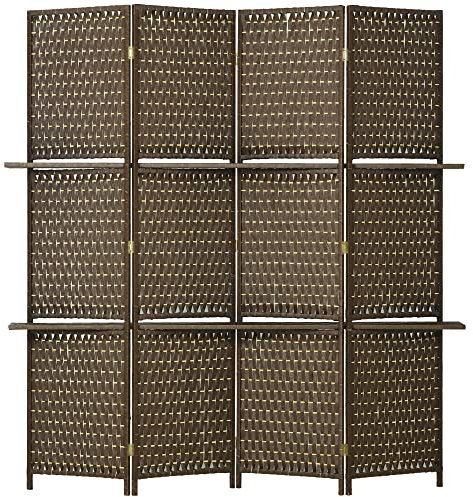 HOMCOM 4-Panel Room Dividers with Shelves, Wave Fibre Freestanding Folding Privacy Screen Panels, Partition Wall Divider for Indoor Bedroom Office, 180 cm, Brown