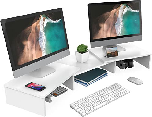 FITUEYES Dual Monitorständer aus Holz, Verstellbare Länge und Schwenkwinkel Bildschirmständer, Monitor Stand Riser für PC Monitor Laptop Drucker, 92,5-108x 23,5X 10,2 cm Weiß