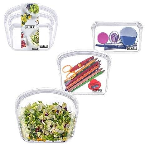 KLIPPSI® 3er Set Wiederverwendbare Silikonbeutel Gefrierbeutel Aufbewahrungsbeutel reißfest, hitze-kältebeständig, auslaufsicher, spülmaschinengeeignet (Transparent)