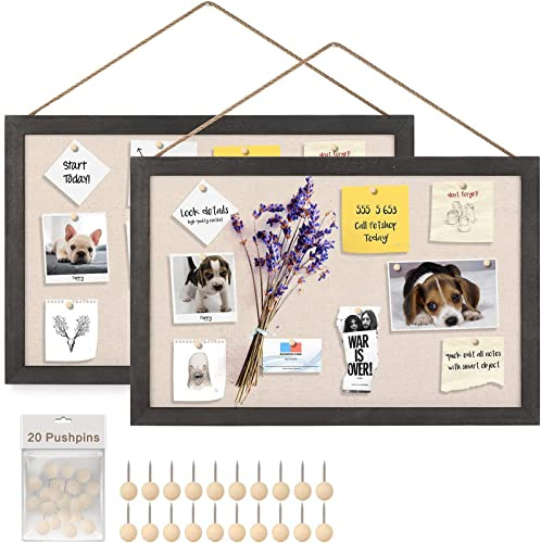Emfogoo Cork Board with Linen 40x30cm Pin Notice Board for Home Bedroom Office Kitchen Wall Decorative Hanging Wood Framed Vision Board Memo Bulletin Board with 20 Push Pins Pack of 2(Vintage Black)