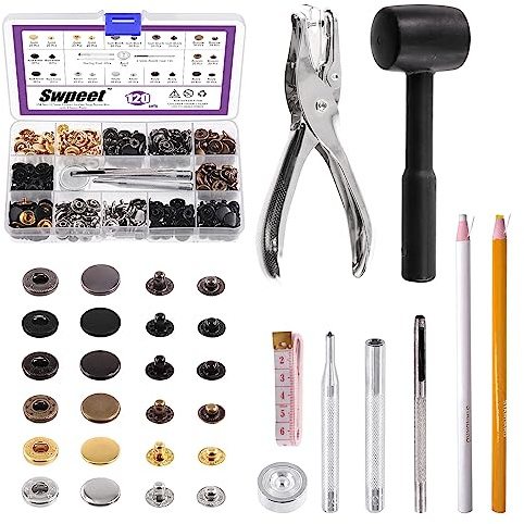 Swpeet 120 Sets 2.5mm Leather Snap Fasteners and Hole Punch Pliers with 4Pcs Fixing Tools Assortment Kit, Leather Snaps Metal Snaps Metal Button Snaps Press Studs for Clothes, Jackets, Jeans