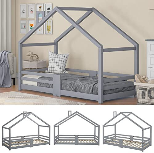 Banemi Hausbett Kinder, Rausfallschutz Kinderbett Massivholzbett Grau mit Schornstein Rausfallschutz Robuste Lattenroste90X200Cm (Ohne Matratze)