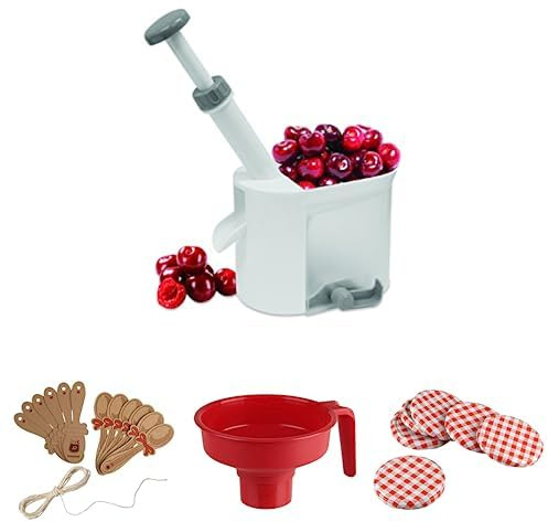Fackelmann Set Marmellate Snocciolatore per Ciliegie, Set di 12 Bigliettini Tag a Forma di Cucchiaio con spago in Carta Kraft, Imbuto in Plastica, Set da 6 Coperchi per Vasetti in Alluminio