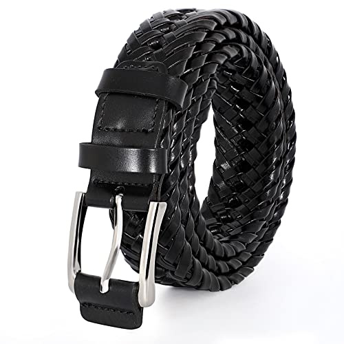 SUOSDEY Läderbälten för män flätat bälte vävt läderbälte för vardagliga jeansbyxor med stiftspänne, 8.svart/silverspänne, 95-102.5 cm