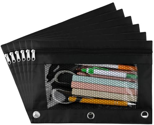 NQEUEPN 6st DREI Loch Federmäppchen, Ordnertasche mit 3 Ringen Schwarzer Stoff Canvas Federmäppchen mit Durchsichtigem Fenster Federmäppchen mit DREI Löchernfür Schule Büro Studenten Lehrer