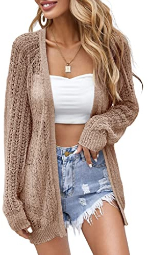 XuBa - Cardigan da donna estivo, leggero, sottile, a maniche lunghe, con lavorazione a uncinetto, per la spiaggia, cover up, cammello, M