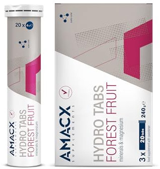 AMACX Hydro Tabs – Tabletas de Electrolitos sin Azucar con Vitamina C – 3 x 20 Tabletas Efervescentes de Magnesio – Electrolitos Hidratacion – Sales Minerales para Deporte – Frutas del bosque