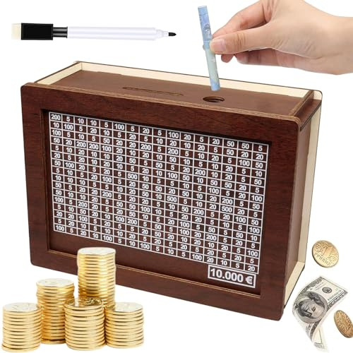 Spardose Holz, Sparbox mit Ziel, Spardose mit Sparziel und Zahlen zum Ankreuzen, Spardose aus Holz, Holz Geldbank für Kinder, Sparbüchse Spardosen für Erwachsene Kinder(10000€)