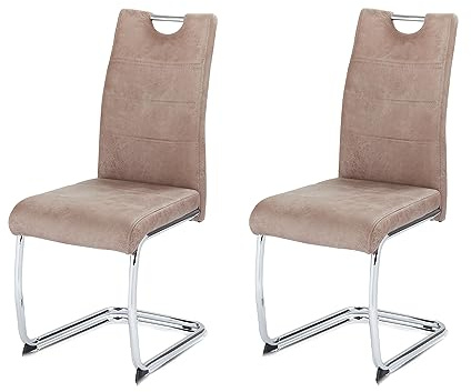 KHG 2er-Set Esszimmerstühle Schwingstuhl Polsterstuhl Küchenstuhl | Mikrofaser beige, Designstuhl Sitzhöhe 48 cm, Freischwinger mit integriertem Griff, für Esszimmer und Wohnbereich