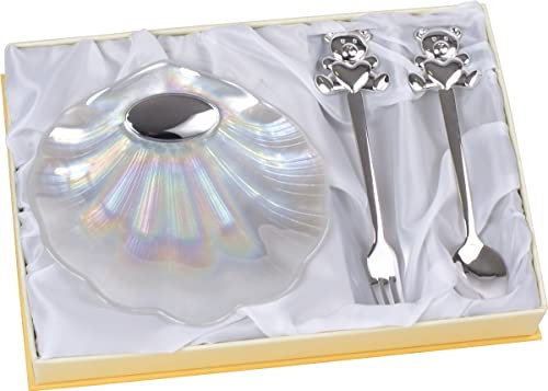 Estuche de Bautizo de 2 cubiertos infantiles y Concha Bautismal con aplique Laminado en Plata de Ley 925‰. Con Personalizado. (09597)