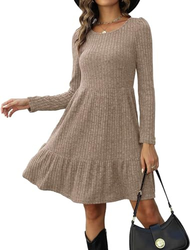 Zetieny Vinterklänning för dam, stickad, långärmad tunikaklänning i avslappnad stil, elegant för höst och vinter, Khaki, XXL