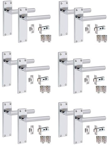 Golden Grace Victorian Straight T-Bar Door Handles Latch in Polished Chrome Finish with 1 Pair of 3 Standard Butt Hinges & Latches Pack, 6 Sets - 150mm x 40mm Backplate