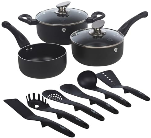 Blaumann 11pc Induction Soft Touch Cookware Pots Pan Saucepan & Kitchen Tool Set (Black Matt)