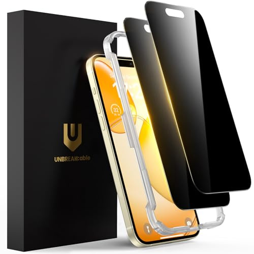 UNBREAKcable Privacy Screen Protector for iPhone 15, Full Coverage Shatterproof Tempered Glass [True 28°Anti Spy] [9H Hardness] [Easy Installation Frame] 2-Pack Private Screen for iPhone 15
