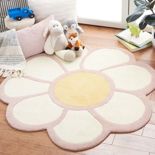 Generisch Teppich Flauschig Cute Badematte, Kinderteppich Mädchen Teppich Weich Blumenform, Waschbarer Badteppich, Runde Blumen-Bodenmatte, Waschbare Badewannenmatte (Weiß Rosa,120cm)