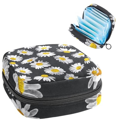 Aufbewahrungstasche für Damenbinden, Perioden-Set für Schule, Menstruationstasse, Damenbinden-Organizer, Aquarell-weißes Gänseblümchenmuster, schwarzer Hintergrund