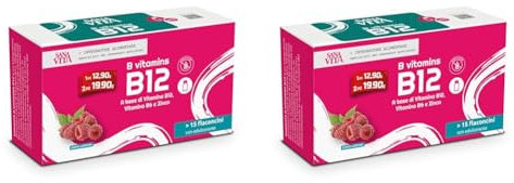 Sanavita B12 Integratore alimentare con B12, B6 e Zinco - 15 flaconcini liquidi per confezione Gusto lampone (Confezione da 2)