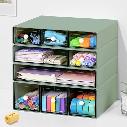 Desk Aufbewahrungsbox mit 9 Schubladen, 4 Lagen stapelbare Lagerung Schubladen für Schreibtisch Lagerung, Klare Veranstalter Anzug für Schreibwaren Make-up Schmuck Büro Craft Supplies(Grüner)