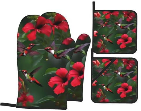 CHUNMINW Set di guanti da forno e presine con stampa di ibisco con fiori rossi e colibrì, 4 pezzi, resistenti al calore, per cucinare 17,8 x 27,9 cm