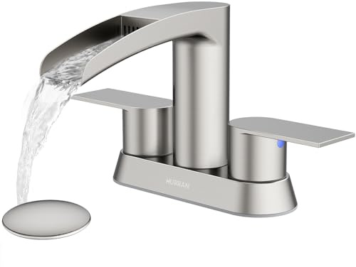 Bathroom Sink Faucet for 3 Hole, Hurran 4 Inch Bathroom Faucets with Pop-up Drain, Stainless Steel 2-Handle Waterfall Faucet for Sink, Brushed Nickel