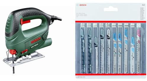Bosch Home and Garden Jigsaw PST 700 E (500 W, 1x saw blade, in carrying case) + 10-Piece Set Jigsaw Blades Set (for Wood and Metal, Accessories for Jigsaw with T-Shank mounting)
