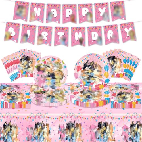Birthday Decoration, 42PCS Party Decorations Pink Birthday Party Supplies Tableware Set for Kids Cake Topper Banner Tablecloth Napkins Plates Paper Cups Tablecloth