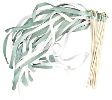 NJIEzhao Wedding Wands 50/20/10 Stück Hochzeitsband-Zauberstäbe mit Glöckchen for Hochzeitsfeier, Weiß und Grün(10pcs)