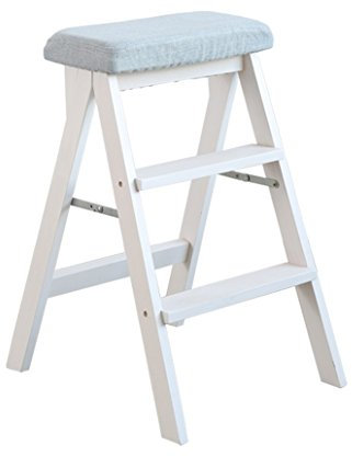Escabeau pliable en bois massif avec 3 marches - Multifonctionnel - Bleu - Pour la cuisine et le bureau