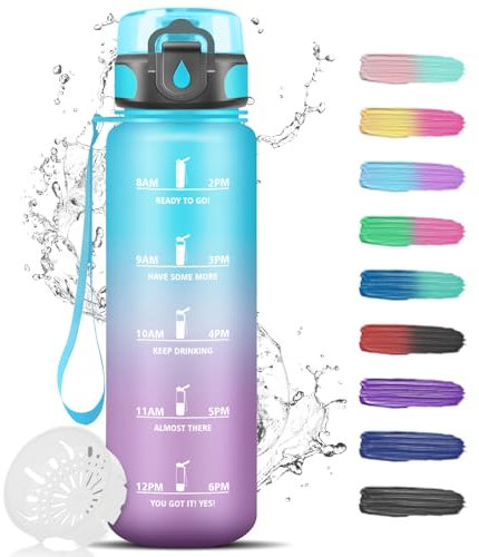 Grsta Trinkflasche, Wasserflasche 1l, Trinkflasche Sport mit Filter, Leicht zu Reinigen, Flasche für Kohlensäurehaltige Getränke, mit Uhrzeit, Wasserflasche für Fitness, Wandern, Camping