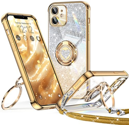XYZ für iPhone 12 Hülle mit Band, Herzen Doppelring Ständer | Luxus Glitzer HandyHülle Kameraschutz, Frauen Stoßfest Elektroplattiert Case Soft TPU SchutzHülle Clear, Gold