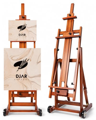 DJAR Extra Large Studio Painting Easel, Premium Walnut Beech Wood Floor H-Frame Art Easel with Silent Casters, Holds Canvas up to 198 cm
