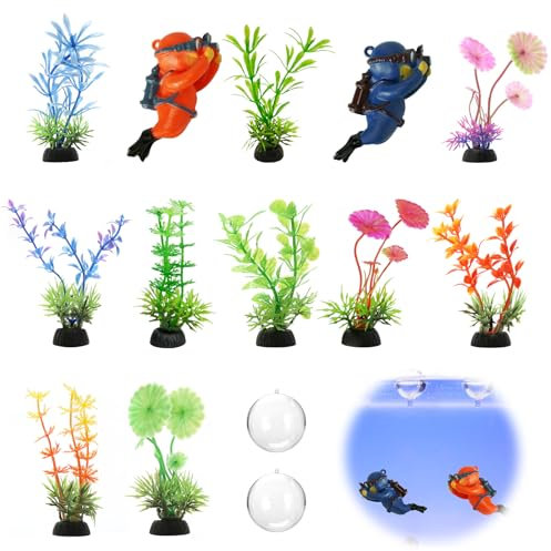 Yoicn Lth Aquarium Deko, 2 Schwimmende Taucher und 10 Künstliche Pflanzen für Aquarium, Süßer Dekoration Aquarien Zubehoer Landschaftszubehör