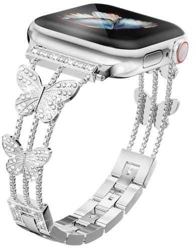 MaEiol Bracelet Métal pour Apple Watch 41mm /40mm /38mm /42mm(Series 11/10) pour Femmes, Bracelets Rechange Paillettes Papillon Remplacement pour Apple Watch SE/Series 11 10 9 8 7 6 5 4 3 2 1, Argent
