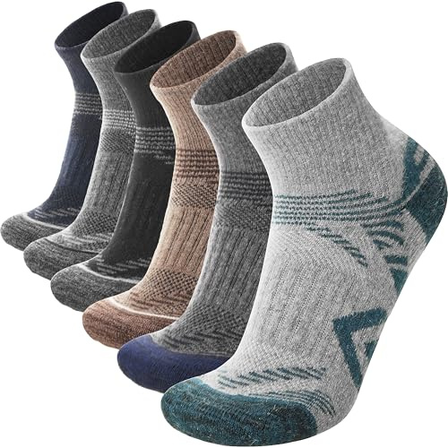 ANTSANG 6 Pairs Merino Wool Quarter Ankle Hiking Running Socks Compression Thermal Thick Cushion Socks for Women Men(Dark Mix Series,L)