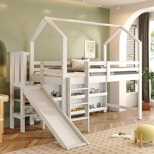 TOBIDOEN Litera de 90 x 200 cm con tobogán y escalera, cama infantil con taquilla y estantería, cama infantil multifuncional con protección anticaídas, cama de madera maciza, color blanco