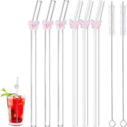 8 PCS Glass Straws with Charms Glass Straws Drinking, Straw Glasses Comes with A Cute Pink Bow with A Cleaning Brush for Milkshakes Fruits Lemons Fruit Juices and Coffee