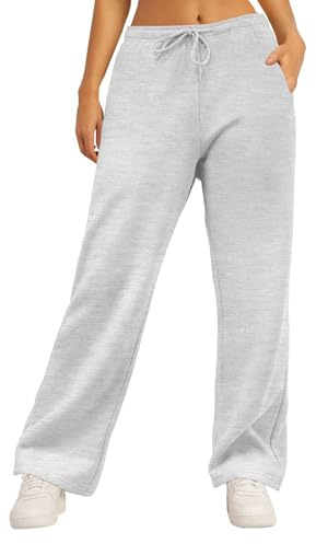 IWOLLENCE Joggingbyxor med vida ben för kvinnor träningsbyxor dam vardag bekväma byxor med fickor elastisk midja fodrad fleece, Ljusgrå, S