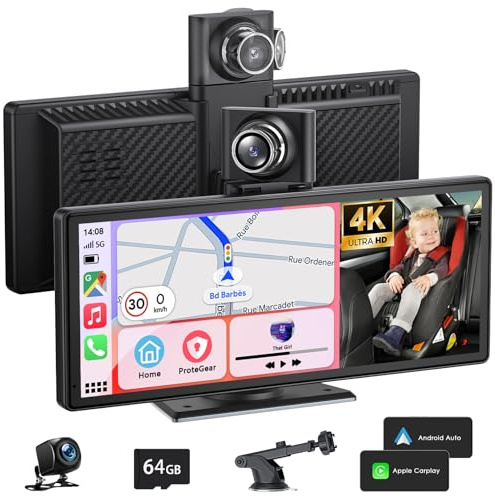 9,26 Pulgadas Pantalla Coche Android Auto & Carplay, Pantalla Carplay Coche con Dashcam 4K/Cámara Trasera HD 1080P/Bluetooth/FM/AUX/64G TF/Mirror Link/Control por Voz/Navegación GPS
