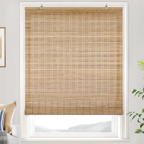 LazBlinds Cordless Bamboo Blinds, Bamboo Roll Up Shades for Windows, Light Filtering Hanging Window Blinds, Shades for Patio Indoor/Outdoor Porch, 22 W x 64 H, Brown206