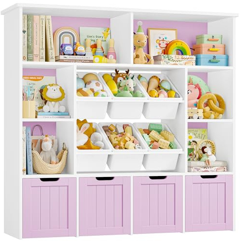 FOREHILL Libreria Montessoriana per Bambini, Porta Giochi Bambini a 4 Cassetti con Ruote, Mobile Porta Giochi a 6 Scatole di Giocattoli, 6 Scomparti Aperti, 125x33x121.5cm (Lilla)