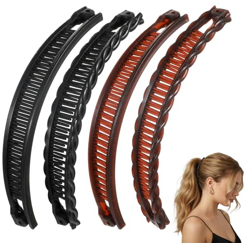Nogeqi 4 Stück Groß Banana Clip für Dickes Haar, Vintage Bananenspange Haare Rutschfeste Banana Hair Clip Pferdeschwanz, Bananen Haarspange für Dickes Haar Frauen und Mädchen (Schwarz, Braun)