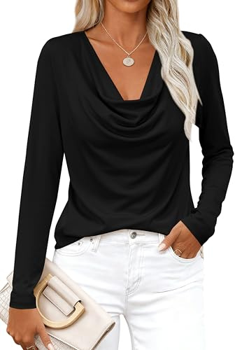 PRETTYGARDEN Womens Spring Tops 2026 Dressy Cowl Neck Long Sleeve Shirts Loose Business Casual Blouses Teacher Tunic Top(Black,Medium)