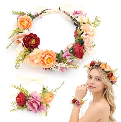 VZXZXE Blumenkranz haare, haarkranz blumen, haarschmuck hochzeit haarreif blumenkrone damen Einstellbar mit Armband für Geburtstag, Damen, Hochzeit, Strand, Urlaub, Party, Strand