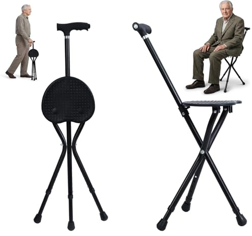Walking Stick with Light & Seat- Adjustable Folding Walking Sticks for Women and Men - Lightweight Portable Collapsible Balancing Walking Aid - Travel Walking Cane for Ladies Elderly Adults (Black)