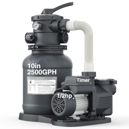 VIDAPOOL - Bomba de filtro de arena para piscina sobre el piso, bombas de piscina sobre el piso con temporizador, filtro de arena para piscina con válvula de 6 vías, filtración eficiente, 10 pulgadas