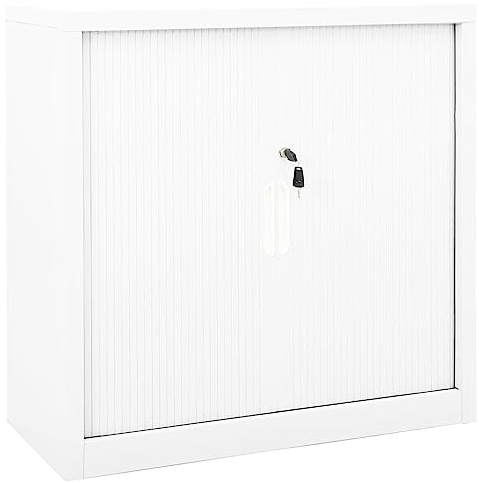 Bendmaxx Schrank mit Schiebetür Weiß aus Stahl 90x40x90 cm abschließbar mit 2 Regalfächern und Schloss für Büro, Haushalt, Garage, Werkstatt und Keller zur sicheren Aufbewahrung und Organisation