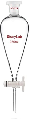 stonylab Embudo Separador de Cónico de Vidrio de Borosilicato con Juntas 24/29 y Tapón PTFE, Separatory Funnel Embudo de Laboratorio - 250ml