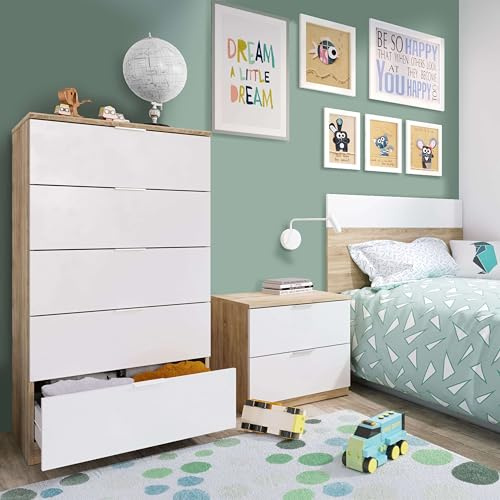 Miroytengo Conjunto Habitación Juvenil Infantil Blanco Artik (Mate) Y Roble Canadian (Cabezal+mesita+sinfonier)