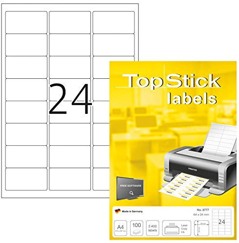 TopStick 8777 Adressetiketten, 1000 Blatt, 64 x 34 mm, 24 pro A4 Bogen, 24000 Stück, selbstklebend, bedruckbar, matt, blanko Papier Adressaufkleber Etiketten, weiß